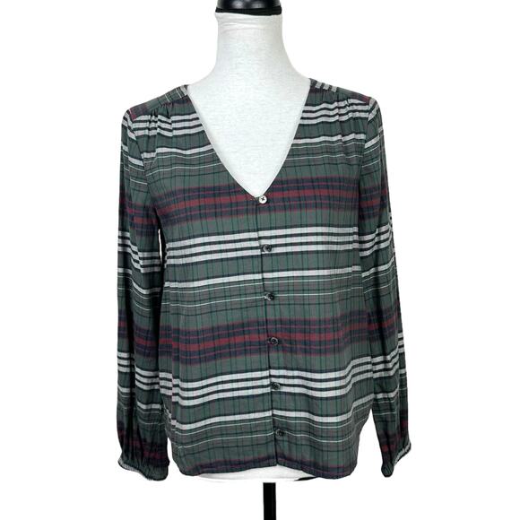 Madewell V-Neck Button Down Shirt in Pineview Plaid Green Flannel Top - Picture 4 of 13